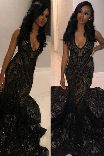 Black Girl Prom Dress Sexy Black Sleeveless Prom Dresses V-Neck Mermaid Sequins Evening Dresses Cheap HZ1023